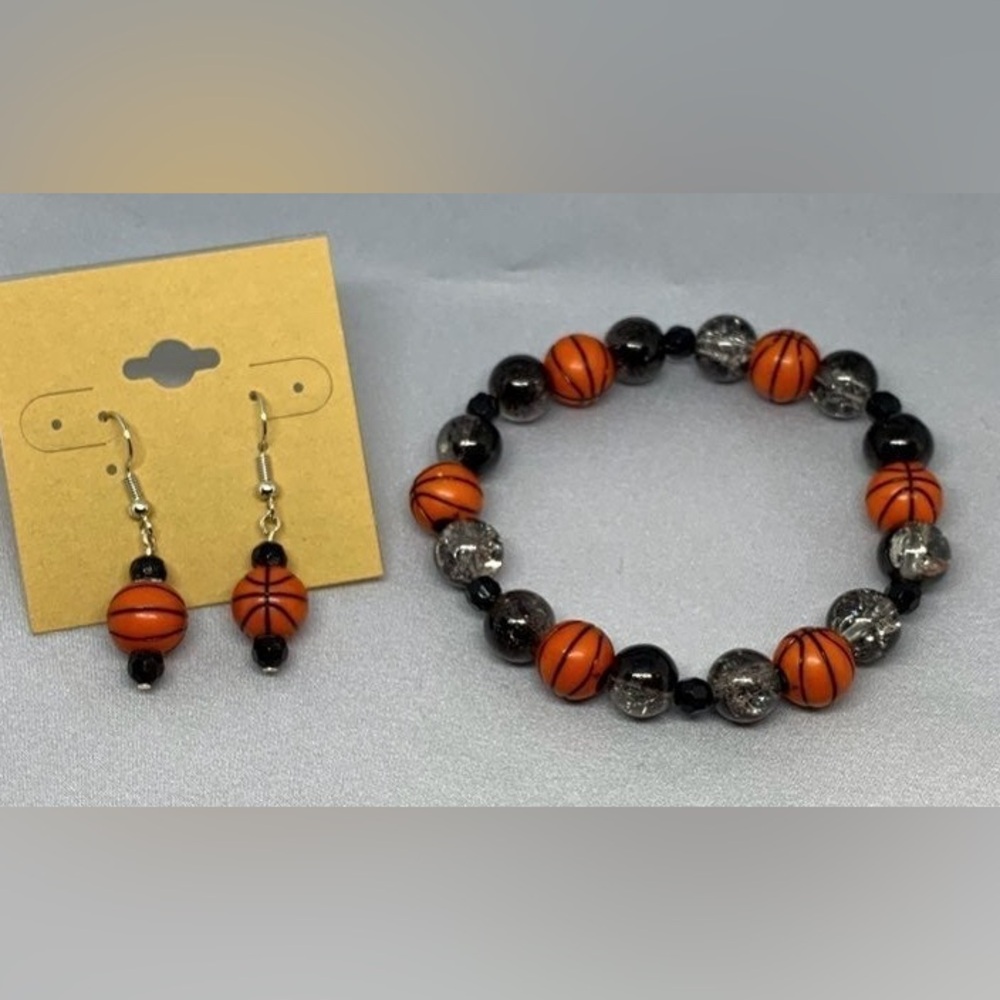 Basketball Beaded Stretch Bracelet & Earring Set